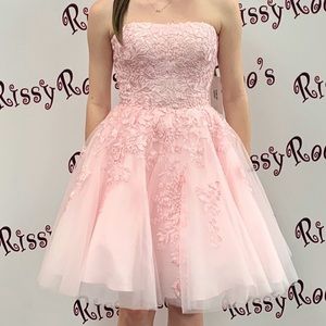 Jovani Strapless Homecoming Lace Dress Light Pink